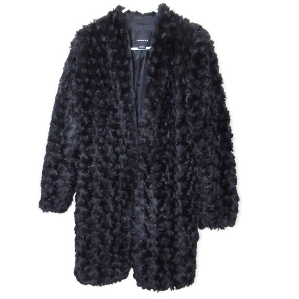 TROUVÉ Black Faux Fur Swirl Coat – Mid Length, Size Small